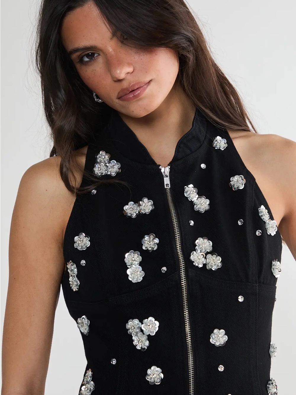 Nasty Gal Black Embellished Zip-Front Mini Denim Dress NWT - Picture 2 of 8